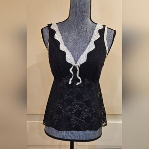 Delicates Black Lace Camisole Top Ivory Trim & Ribbon Romantic Dark Feminine